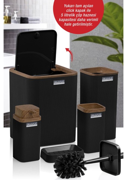 Stella Siyah Ahşap Desenli Çizgili 5'li Banyo Seti modelleri