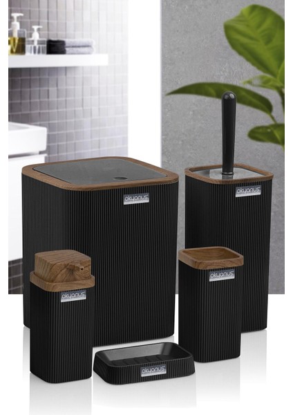 Stella Siyah Ahşap Desenli Çizgili 5'li Banyo Seti fırsatları