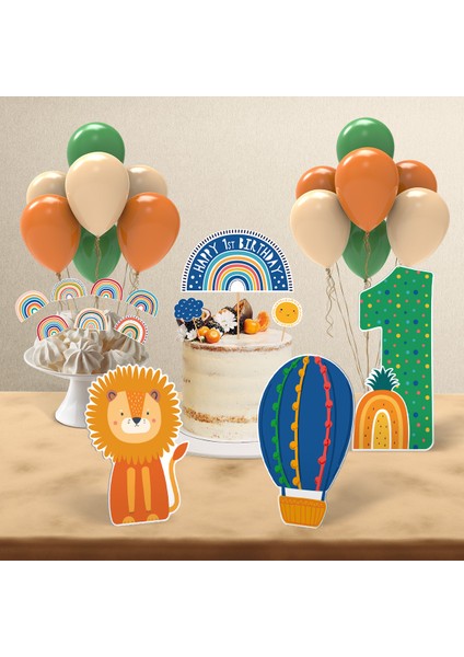 Boho Baby Multicolor Gökkuşağı Temalı 1 Yaş Erkek Bebek Doğum Günü Parti Seti - Mini