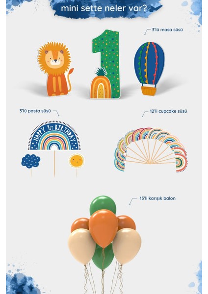 Boho Baby Multicolor Gökkuşağı Temalı 1 Yaş Erkek Bebek Doğum Günü Parti Seti - Mini