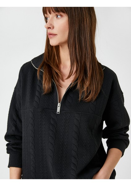 Dik Yaka Yarım Fermuarlı Sweatshirt Örgü Desenli