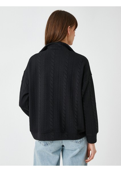 Dik Yaka Yarım Fermuarlı Sweatshirt Örgü Desenli fırsatları