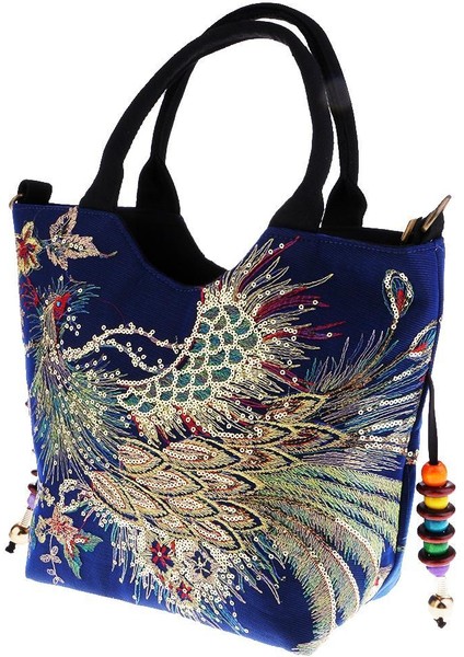 El Yapımı Tavus Kuşu Nakış Etnik Seyahat Omuz Çantası Kadın Çantalar - Koyu Mavi
