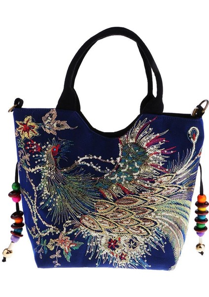 El Yapımı Tavus Kuşu Nakış Etnik Seyahat Omuz Çantası Kadın Çantalar - Koyu Mavi fiyatları