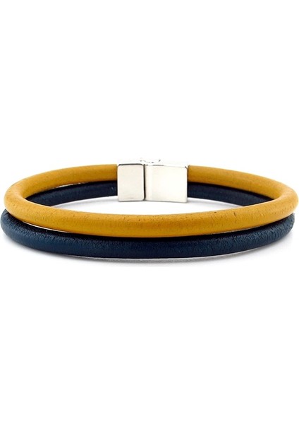 Sarı Lacivert Gerçek Deri Iki Sıralı Metal Erkek Bileklik M016M