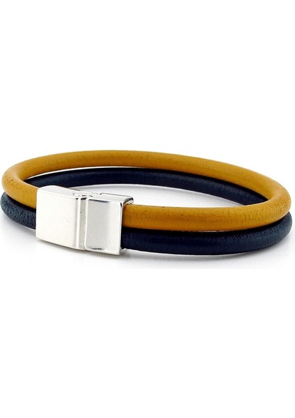 Sarı Lacivert Gerçek Deri Iki Sıralı Metal Erkek Bileklik M016M fiyatları