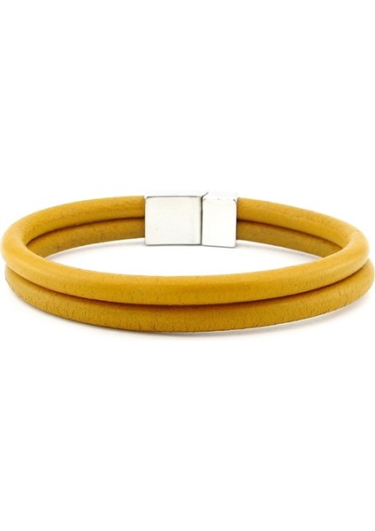 Sarı Çift Sıra Gerçek Deri Metal Mıknatıs Erkek Bileklik M015M