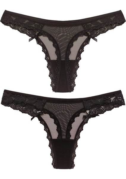 Yanları Dantelli Siyah Renk Fantezi String Külot
