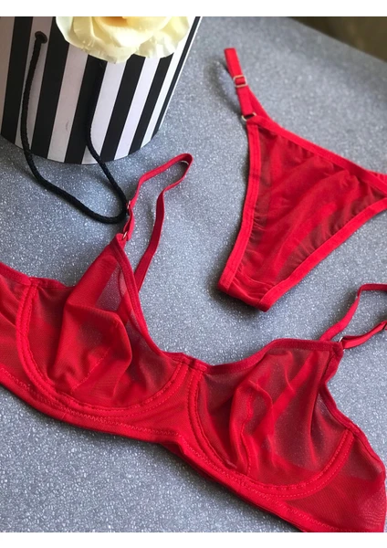 Masal Lingerie Kadın Kapsız Balenli Kırmızı Tül Takım Sütyen