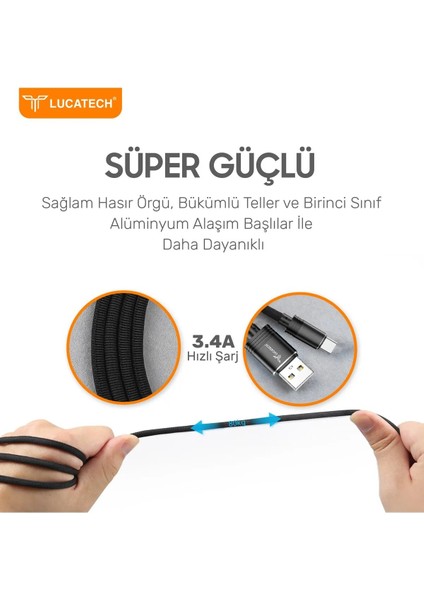 3.4 Amper 20 Watt Hasır Örgülü Hızlı Şarj ve Data Kablosu