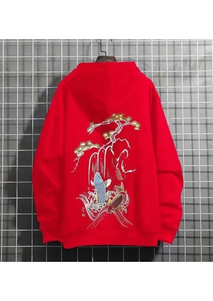 Büyük Beden Kapüşonlu Koi Balığı Sırt Baskılı 3 Iplik %100 Pamuk Özel Tasarım Erkek Sweatshirt