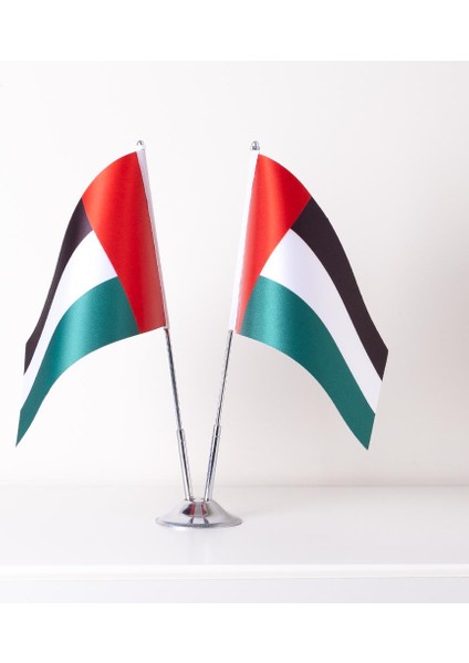 Birleşik Arap Emirlikleri 2li Masa Bayrağı Saten Kumaş Dijital Baskı 15x22,5 cm