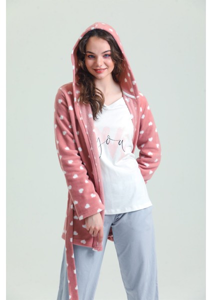 37680 Kadın Gül Kurusu Kalpli 3'lü Polar Pijama Takım