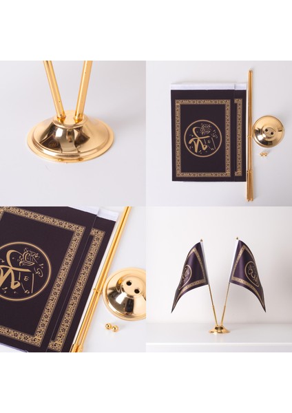 Allah-Muhammed Altın Renk 2li Masa Bayrağı Saten Kumaş Dijital Baskı 15x22,5 cm modelleri