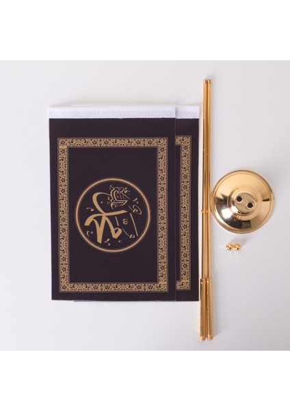 Allah-Muhammed Altın Renk 2li Masa Bayrağı Saten Kumaş Dijital Baskı 15x22,5 cm indirimleri