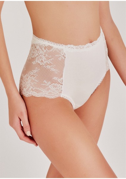 589 Kadın Ekru Leylak Kumaşlı Yüksel Bel Dantelli Külot