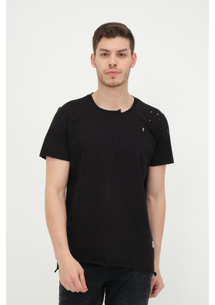 Erkek Asimetrik Yırtık Detaylı Bisiklet Yaka Kısa Kollu Basic T-Shirt