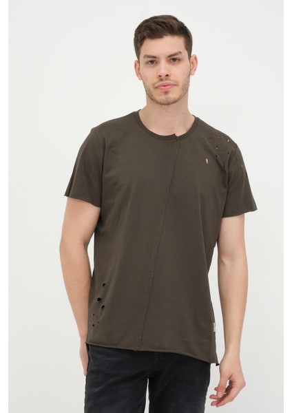 Erkek Asimetrik Yırtık Detaylı Bisiklet Yaka Kısa Kollu Basic T-Shirt fiyatları