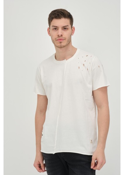 Erkek Asimetrik Yırtık Detaylı Bisiklet Yaka Kısa Kollu Basic T-Shirt fiyatları