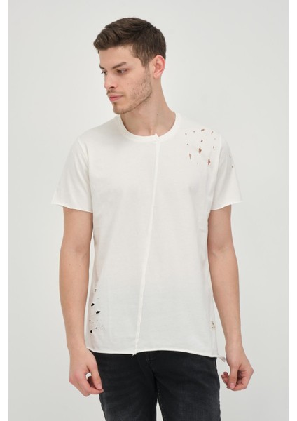Erkek Asimetrik Yırtık Detaylı Bisiklet Yaka Kısa Kollu Basic T-Shirt fırsatları