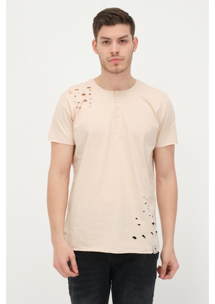 Erkek Düğmeli Yırtık Detaylı Kısa Kollu Basic T-Shirt