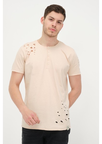 Erkek Düğmeli Yırtık Detaylı Kısa Kollu Basic T-Shirt modelleri