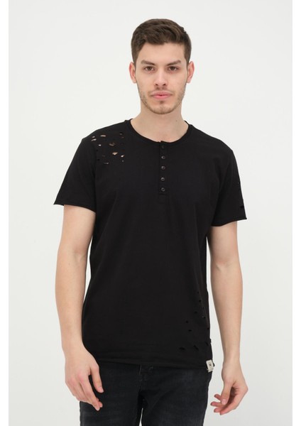 Erkek Düğmeli Yırtık Detaylı Kısa Kollu Basic T-Shirt