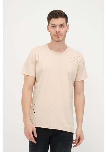 Erkek Asimetrik Yırtık Detaylı Bisiklet Yaka Kısa Kollu Basic T-Shirt