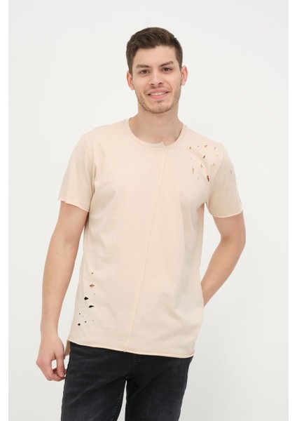 Erkek Asimetrik Yırtık Detaylı Bisiklet Yaka Kısa Kollu Basic T-Shirt fiyatları