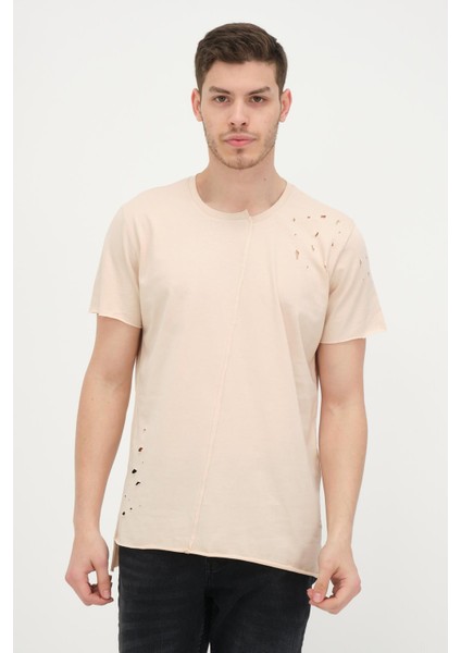 Erkek Asimetrik Yırtık Detaylı Bisiklet Yaka Kısa Kollu Basic T-Shirt modelleri