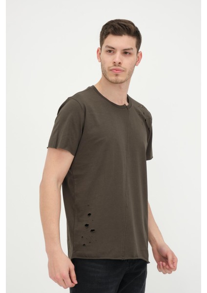 Erkek Asimetrik Yırtık Detaylı Bisiklet Yaka Kısa Kollu Basic T-Shirt