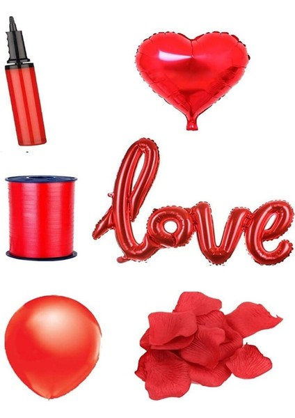 Sevgililer Günü Kırmızı Love Balon-Pompa-Rafya-Gül Yaprağı-1 Kalp Folyo Balon-30 Latex Balon