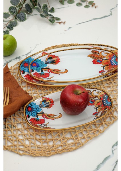 Beyaz Çiçek Desen Oval Kayık 3 Lü