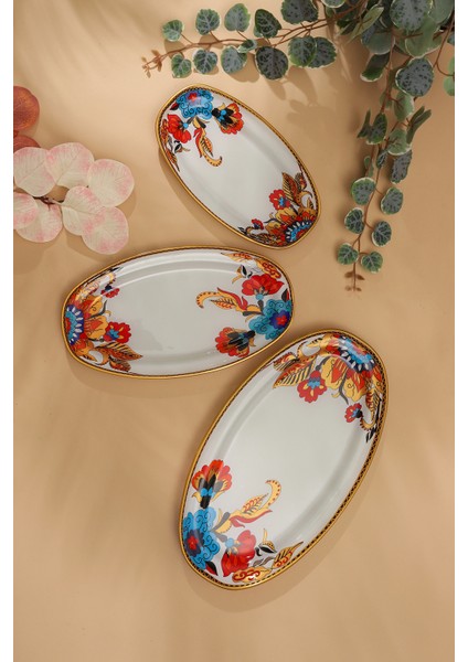 Beyaz Çiçek Desen Oval Kayık 3 Lü modelleri
