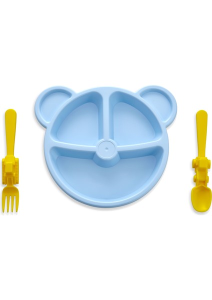 Alinkitchen Mama ve Yemek Seti, Ayıcık Mavi Tabak, Sarı Çatal Kaşık,3lü Set
