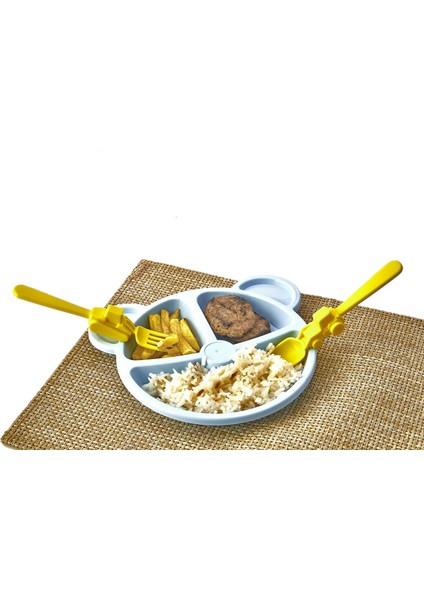 Alinkitchen Mama ve Yemek Seti, Ayıcık Mavi Tabak, Sarı Çatal Kaşık,3lü Set