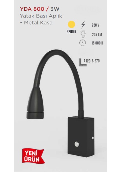 Yatak Başı Aplik Metal Kasa Günışığı YDA-800