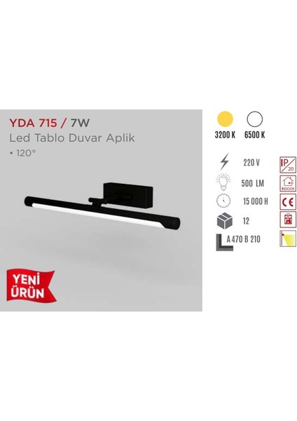 LED Tablo Aplik Beyaz Işık Siyah Kasa YDA-715