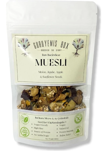 Guruyemiş Box Greçka Çiğ Karabuğday Müsli Bol Kuru Meyveli Ay Çekirdekli Vegan Şekersiz 100 gr Kahvaltılık Gevrek Sağlıklı Kahvaltı Beslenme Yüksek Lif Protein Kaynağı Vegan Şekersiz