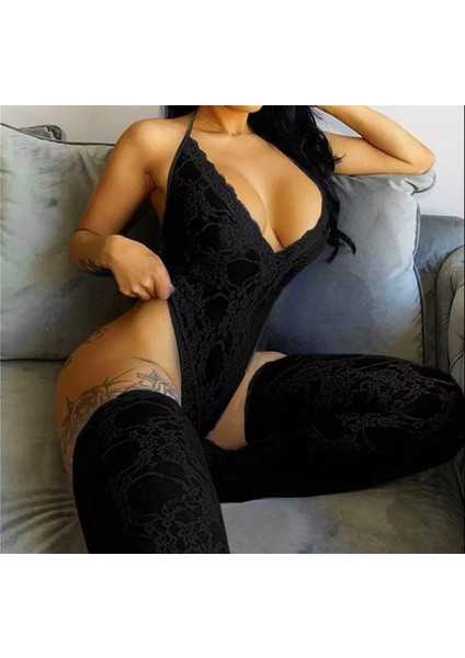 Dantelli Body Çorap Set - Siyah