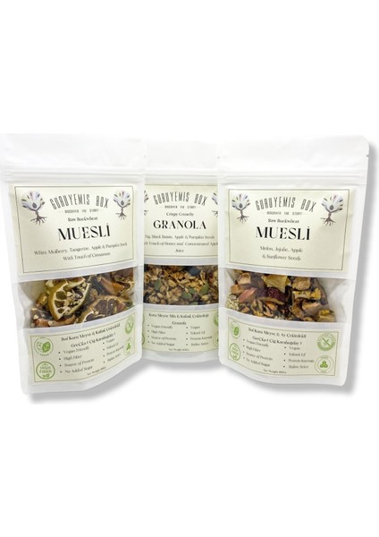 Granola ve Kuru Meyveli 3 x 100 gr Kahvaltılık Gevrek Seti Sağlıklı Kahvaltı Beslenme Yüksek Lif Protein Kaynağı Vegan Şekersiz