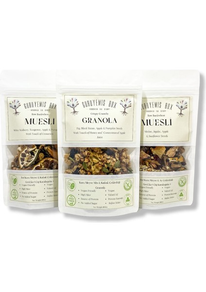 Granola ve Kuru Meyveli 3 x 100 gr Kahvaltılık Gevrek Seti Sağlıklı Kahvaltı Beslenme Yüksek Lif Protein Kaynağı Vegan Şekersiz