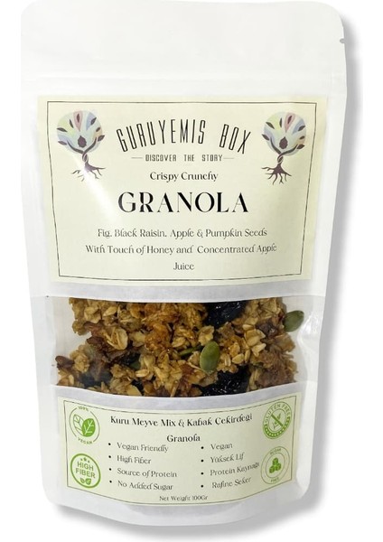 Granola Bol Kuru Meyveli Kabak Çekirdekli Ballı Vegan Şekersiz 100 gr Kahvaltılık Gevrek Sağlıklı Kahvaltı Beslenme Yüksek Lif Protein Kaynağı Vegan Şekersiz