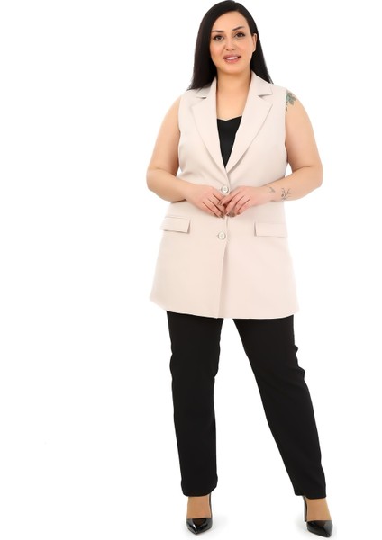 Büyük Beden Düğmeli Kapaklı Cepli Astarlı Uzun Bej Yelek