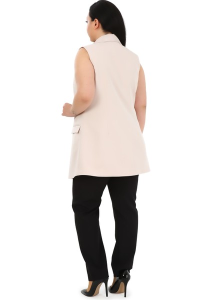 Büyük Beden Düğmeli Kapaklı Cepli Astarlı Uzun Bej Yelek modelleri