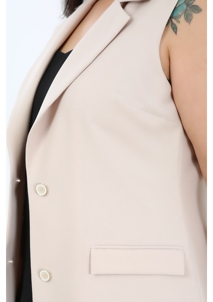 Büyük Beden Düğmeli Kapaklı Cepli Astarlı Uzun Bej Yelek fırsatları