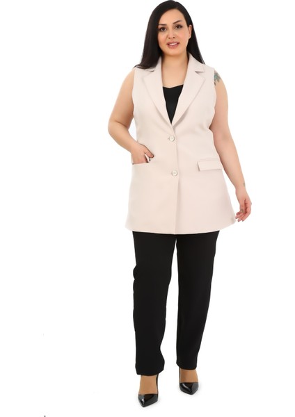 Büyük Beden Düğmeli Kapaklı Cepli Astarlı Uzun Bej Yelek indirimleri