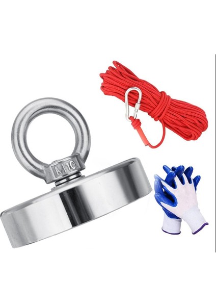 Magnet Fishing 60 mm Yüksek Taşıma Gücü, Halkalı Neodyum Pot Mıknatıs - 15 Metre Halat, Karabina Kanca ve Eldiven Set