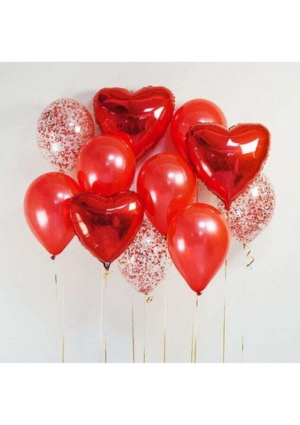 Sevgililer Günü Kırmızı Konfetili Folyo Kalpli Balon Demeti