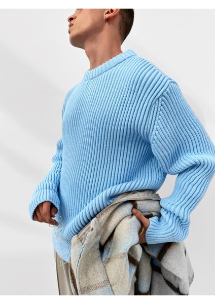 Extra Oversize Fitilli Örme Kazak Bebek Mavi